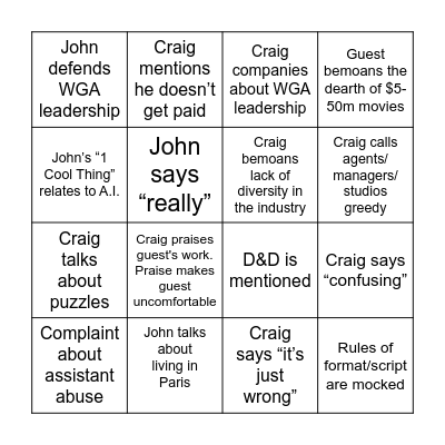 Scriptnotes Bingo! Bingo Card