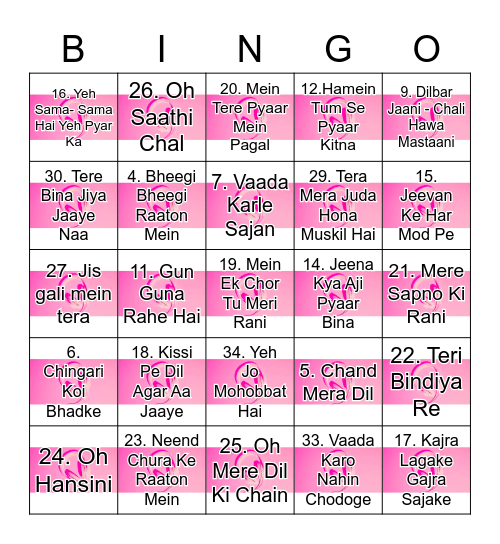 BOLLYWOOD   RETRO   MUSIC  60's & 70's Bingo Card