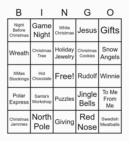 Christmas Eve Bingo Card