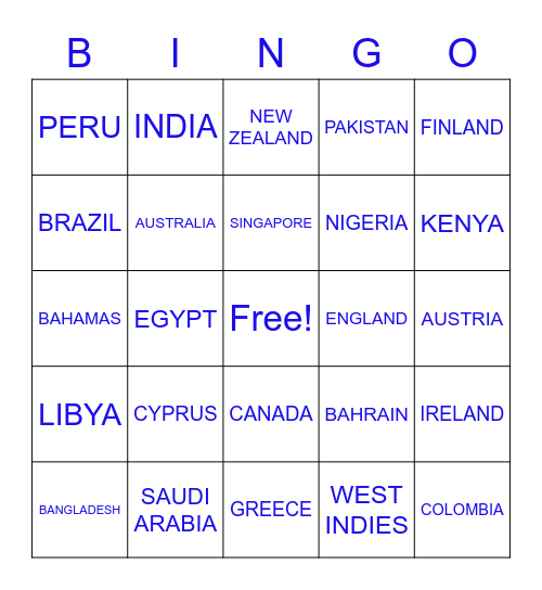 Country Bingo Card