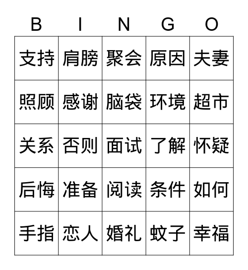 HSK 5.1 Bingo Card