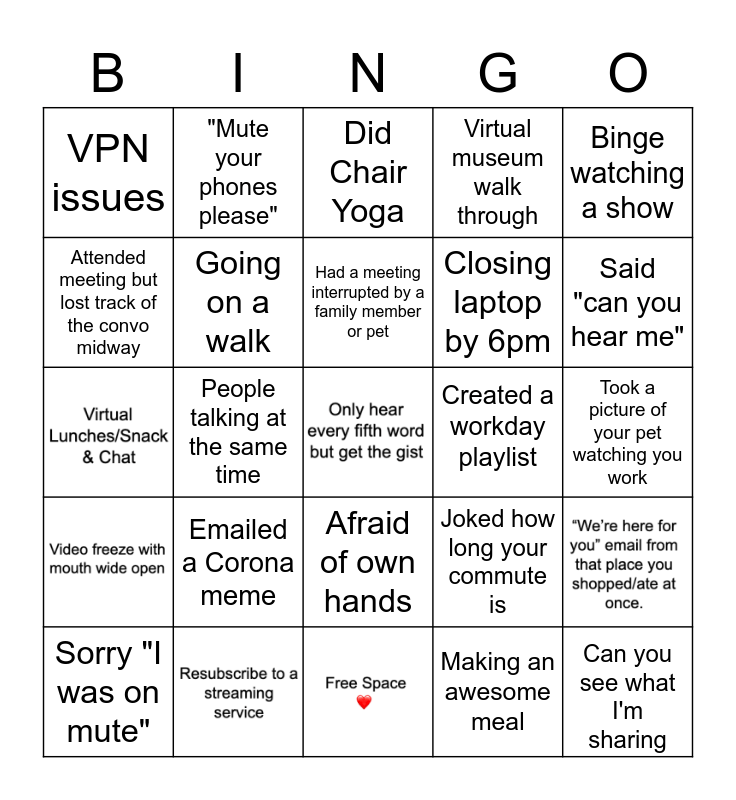 Remote Work Bingo Card