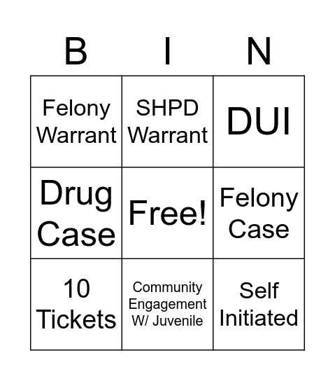 SHPD Patrol Bingo Card