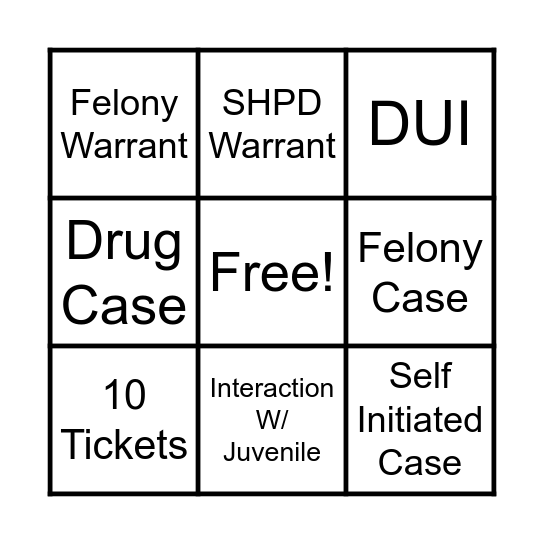 SHPD Patrol Bingo Card