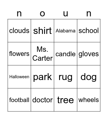 Parts of Speech Bingo Card