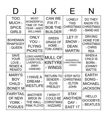 THE 79 INN CHRISTMAS No: 1's ROCK 'N' ROLL BINGO Card