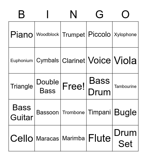 Music Instrument Bingo Card