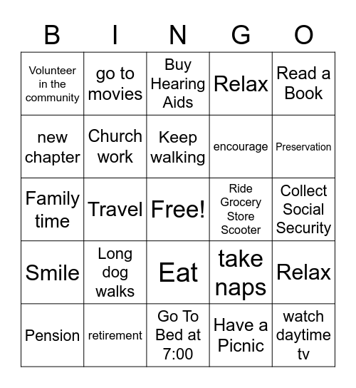 Cindy's Retirement Bingo Card