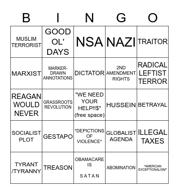 Dear Fellow American, Bingo Card