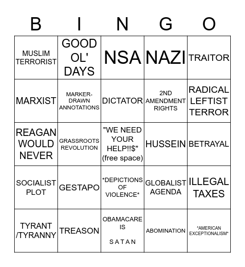 Dear Fellow American, Bingo Card