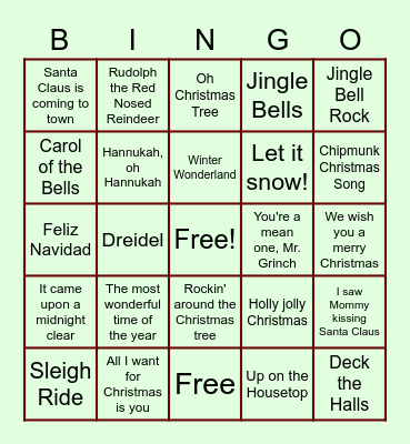 Holiday Song Bingo Card