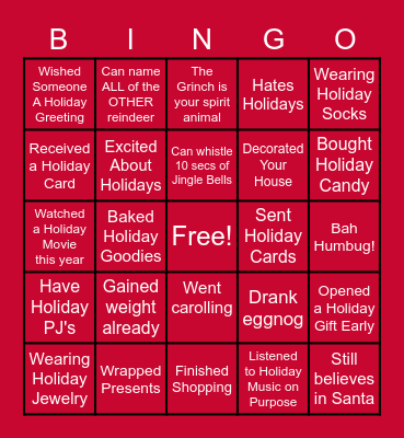 Holiday Fun Bingo Card