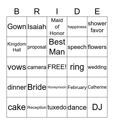 Catherine's Bridal Shower Bingo Card