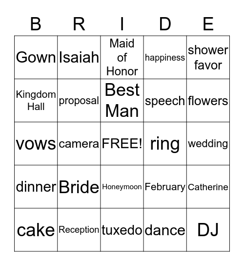 Catherine's Bridal Shower Bingo Card