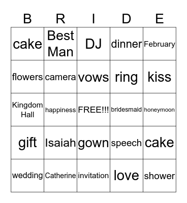 Catherine's Bridal Shower Bingo Card