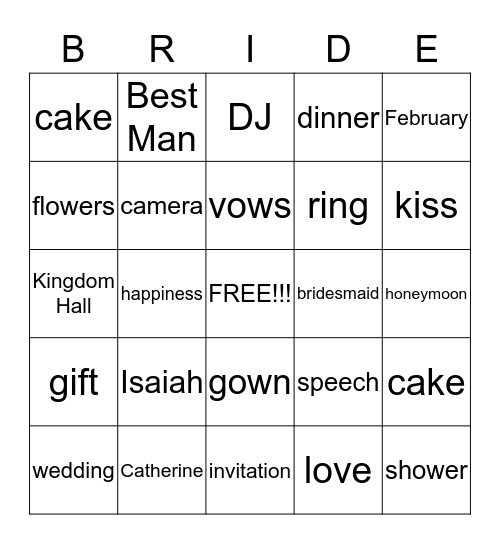 Catherine's Bridal Shower Bingo Card