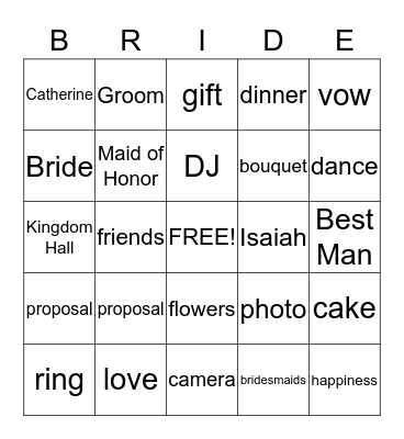 Catherine's Bridal Shower Bingo Card