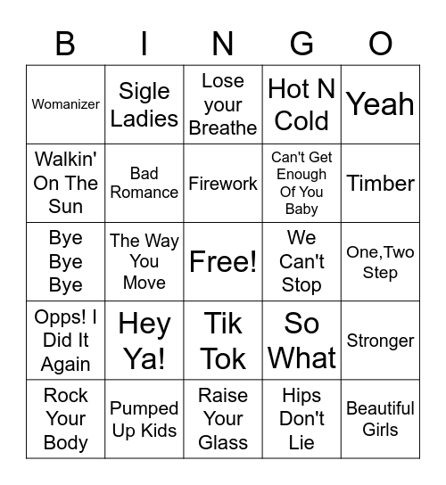 2000's Hits Bingo Card