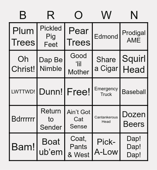 Brown Family Bingo Card