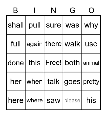 Trick Word Bingo Card