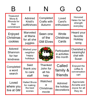 Georgian Manor December Bingo Card