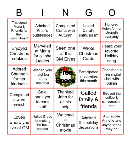 Georgian Manor December Bingo Card