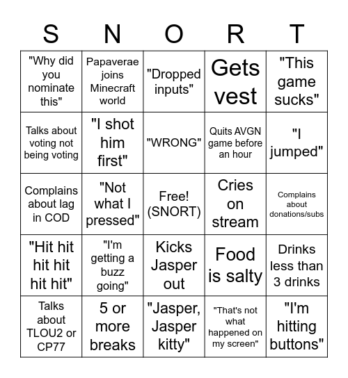 SNORT Bingo Card