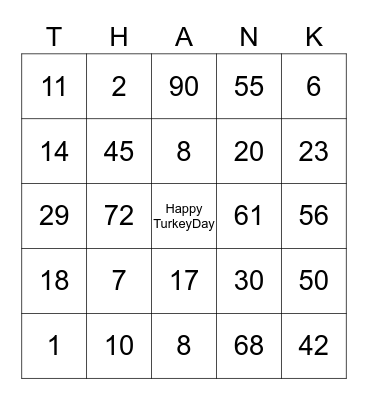 Happy Thanksgiving Stuart Jr. Bingo Card