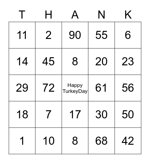 Happy Thanksgiving Stuart Jr. Bingo Card