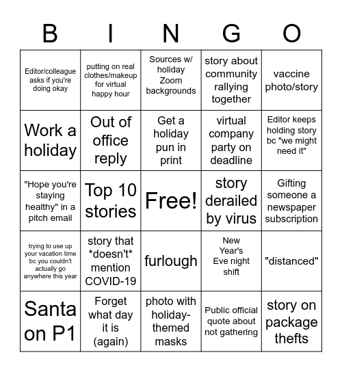 Deck the Newsroom halls, 2020 edition Bingo Card