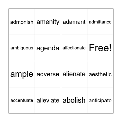 Vocabulary Bingo Card