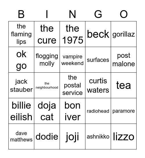 ash's music taste Bingo Card