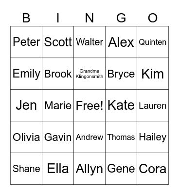 Klingonsmith Family Bingo Card