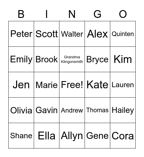 Klingonsmith Family Bingo Card