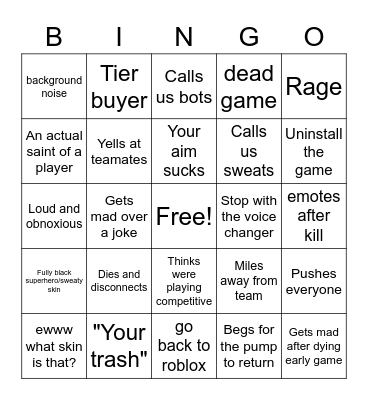 Toxic Fortnite Player Bingo Card