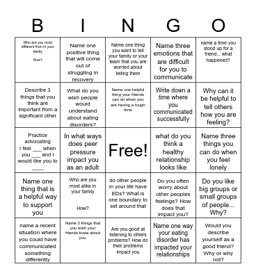 Relationship Bingo Card