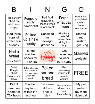 Work From Home Bingo Card