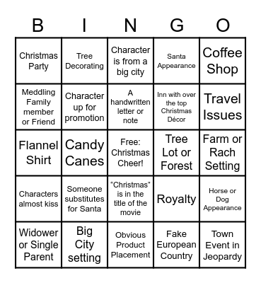 Hallmark/Lifetime Christmas Movie Bingo Card