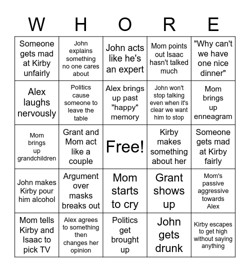 whore's back in town Bingo Card