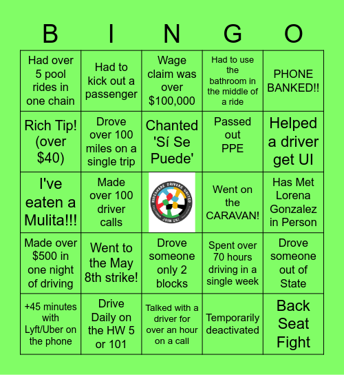 RDU Driver Bingo Card