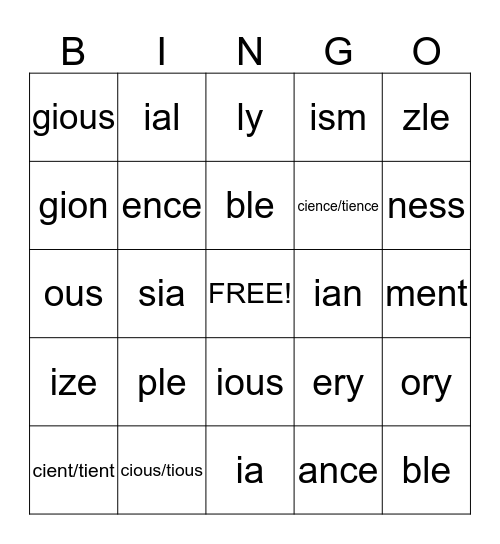 Word Ending Bingo Card