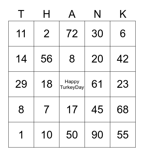 Happy Thanksgiving Alice Bingo Card