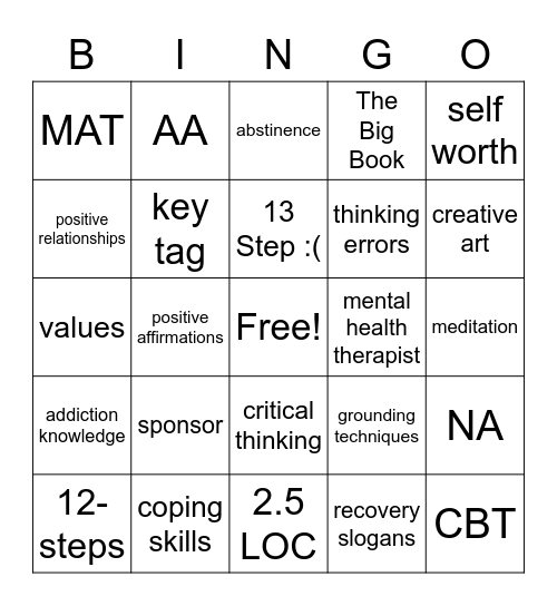 Recovery Bingo Card