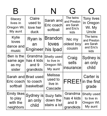 Family Bingo Card