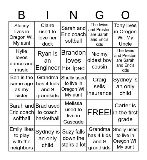 Family Bingo Card