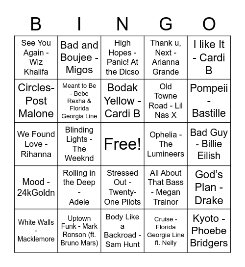 Songs of the Decade Bingo Card