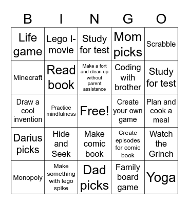 Winter break Bingo Card