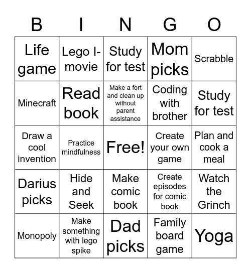 Winter break Bingo Card