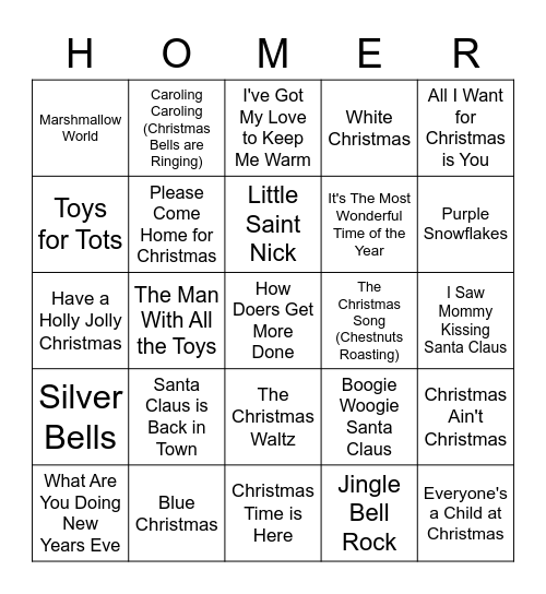 Home Depot Christmas Song Bingo Card