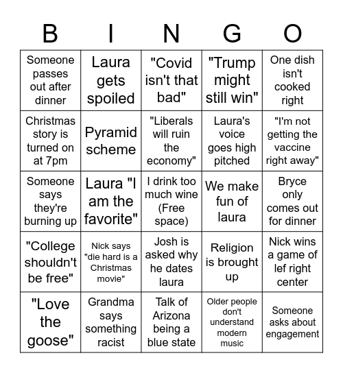 Family Christmas bingo Card